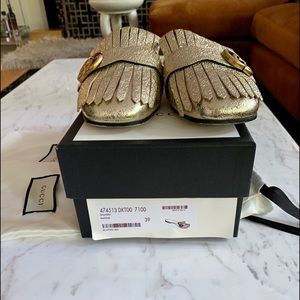 Gucci Marmont Galassia Platino Fringe Mules.